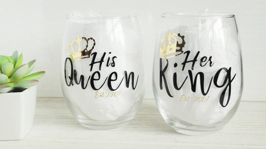 His Queen and Her King Stemless Wine Glass Set